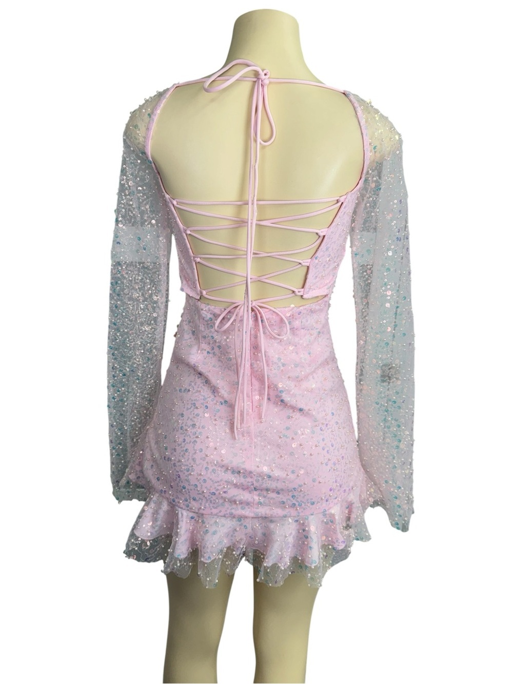 Sequin Flare Long Sleeve Dress in Pink. - Picture 3 of 10